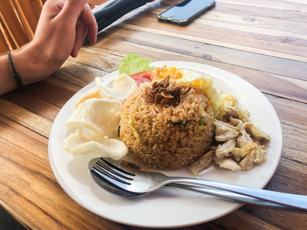 Nasi Goreng Indonesia prawn cracker dish on table