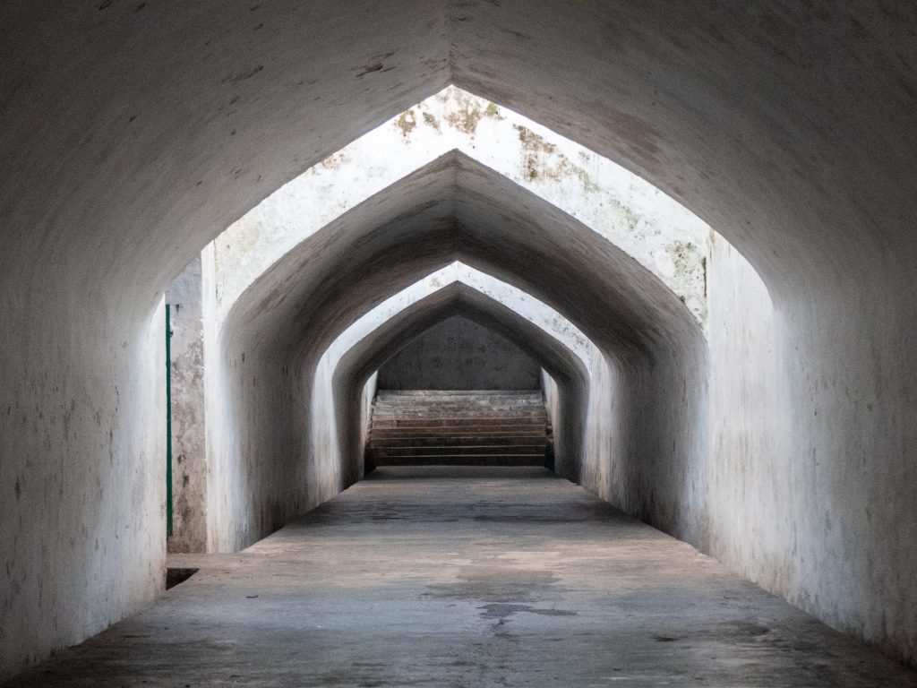 underground mosque yogyakarta white tunnel walkway