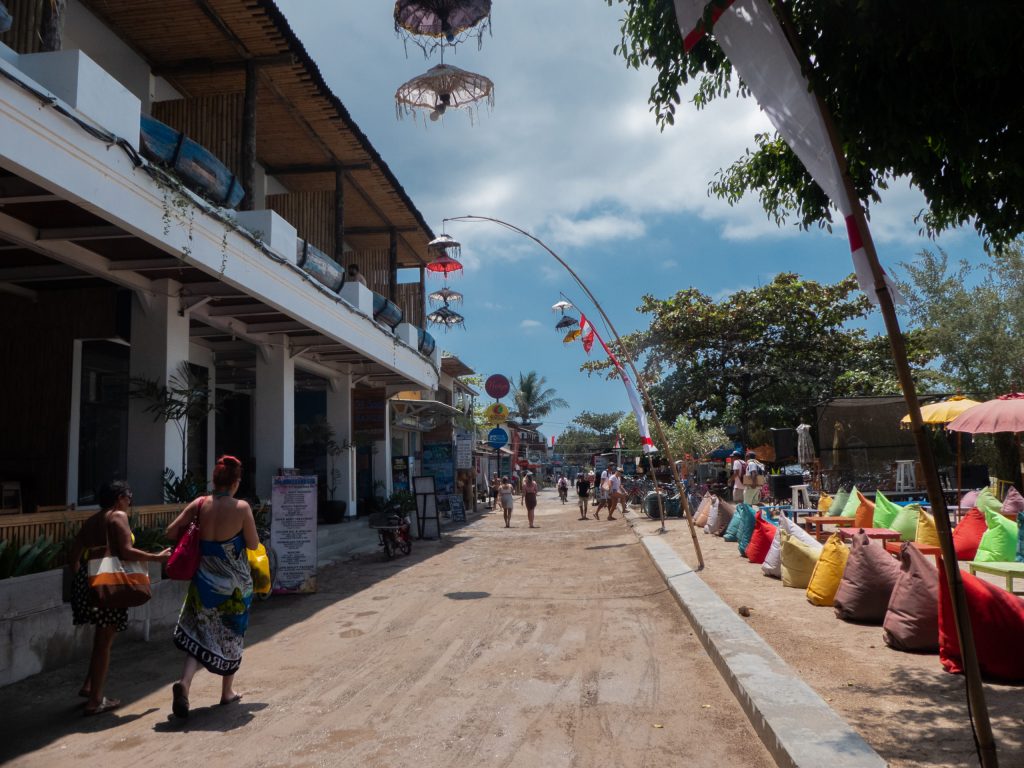 street in Gili Trawangan with houses and bean bags