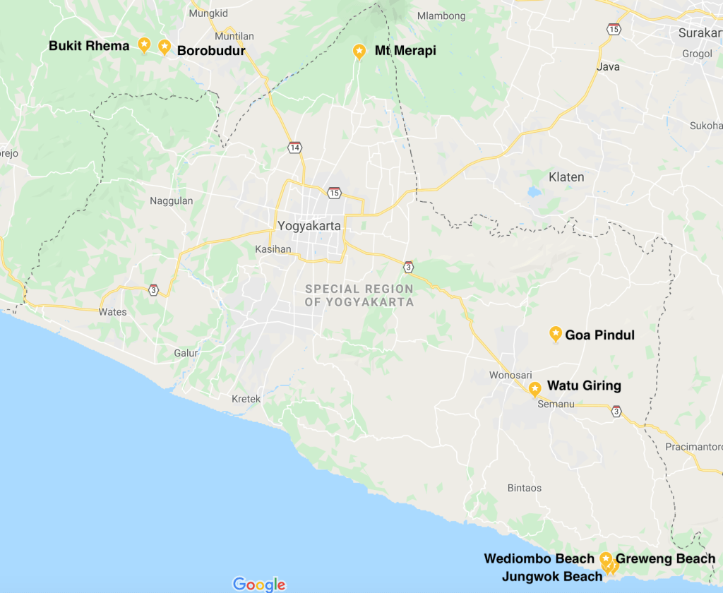 map of unusual things to do and hidden gems outside of yogyakarta