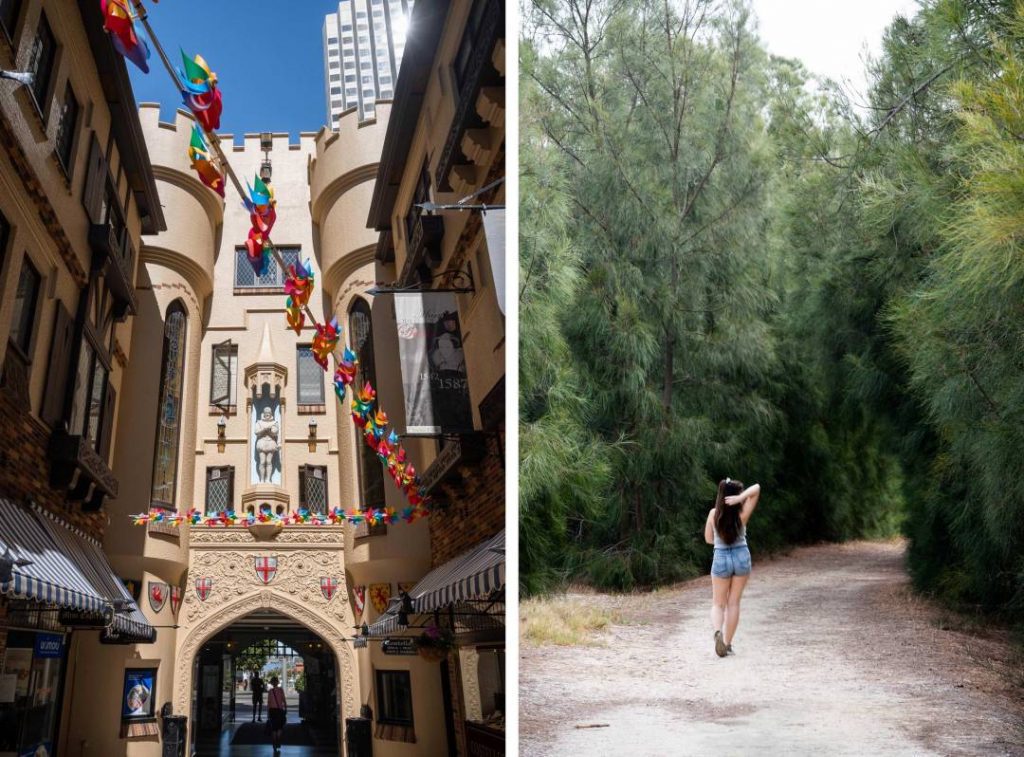 London Court old town and Heirisson Island girl walking through forest Australia Perth