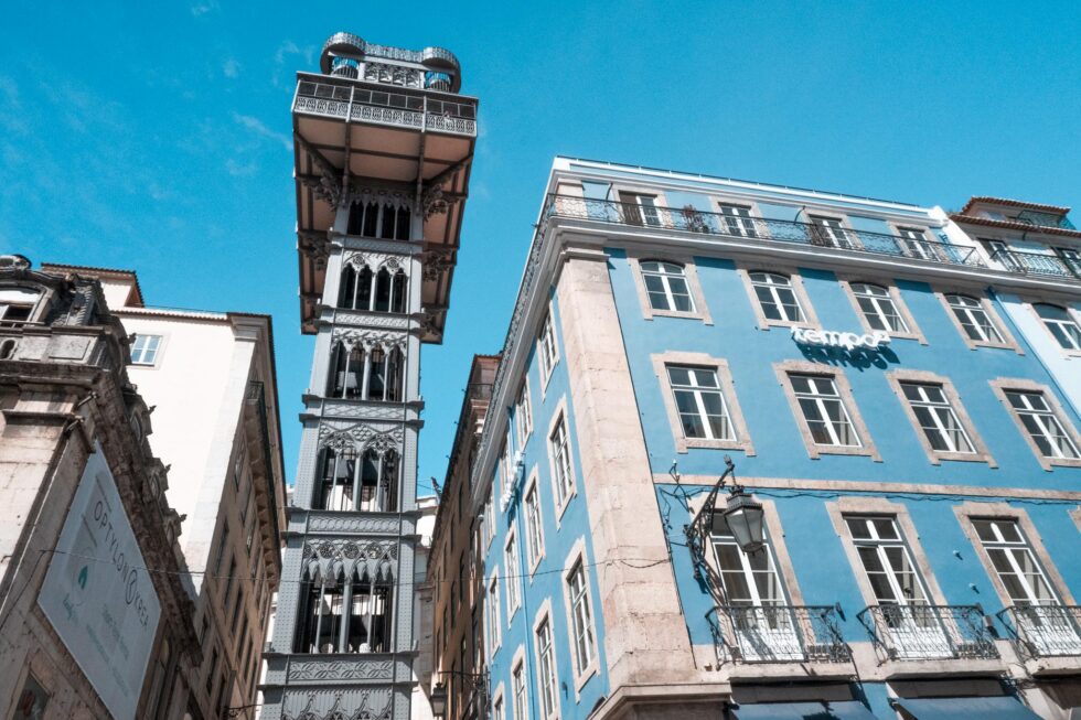 Santa Justa Lift Lisbon city centre blue sky from below