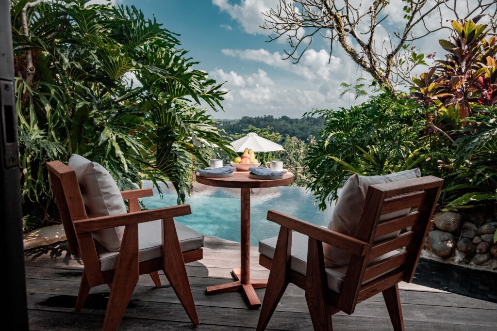 breakfast by the pool Uma Kalai terrace view