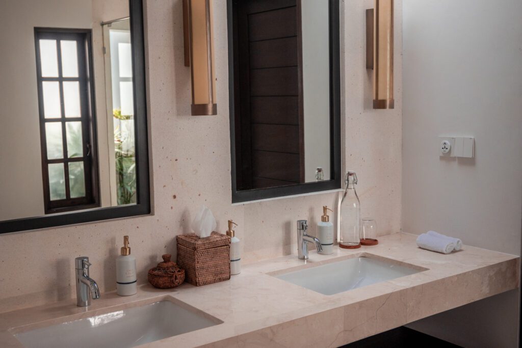 sink bathroom resort villa tap water glasses mirror bai