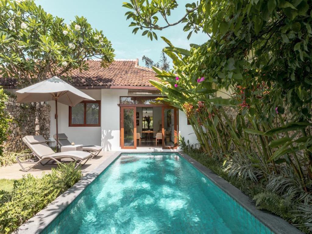 villa with pool and sunloungers surrounded by green garden