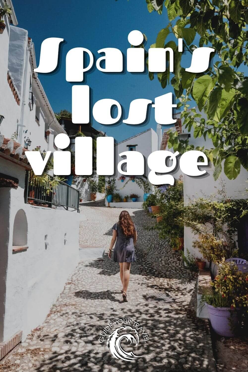 girl walking though the abandoned lost village in spain el acebuchal