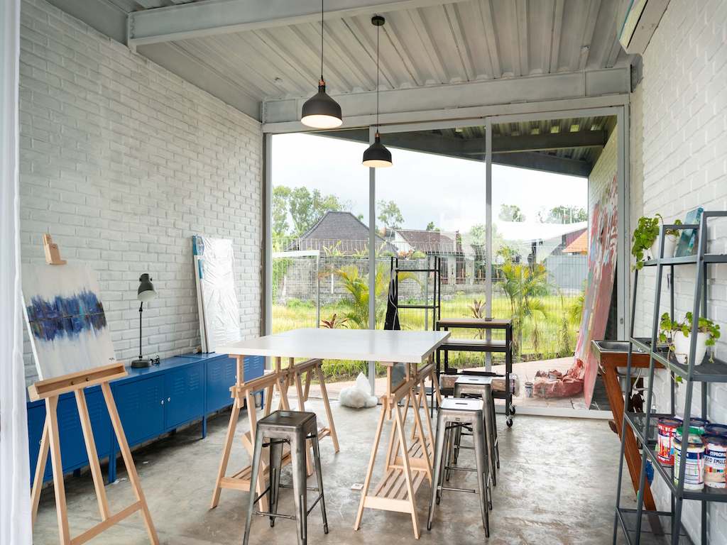 coworking space with peiture room overlooking the rice fields