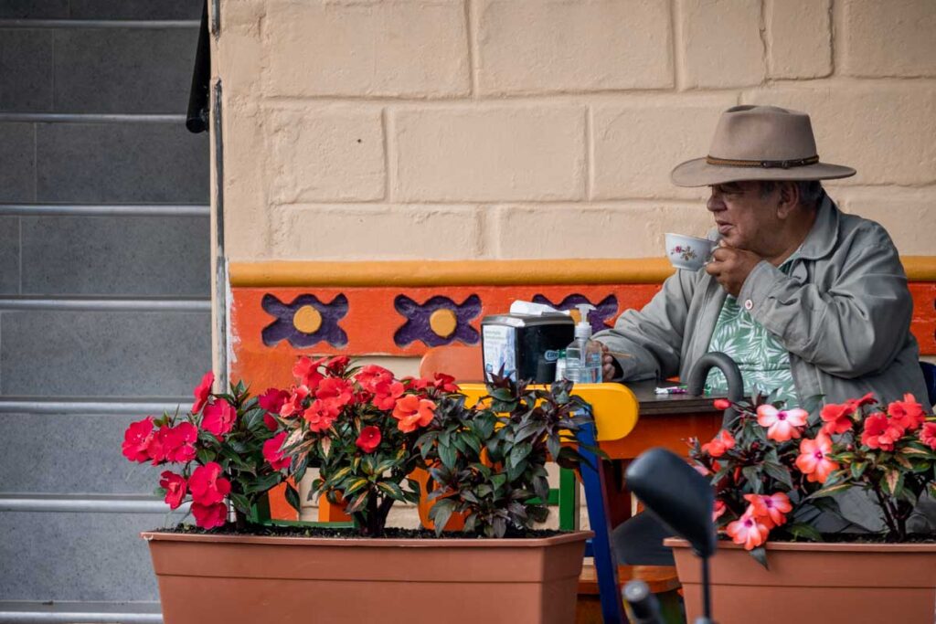 old man with hat drinking coffee in shop behind flower beds and next to stairs