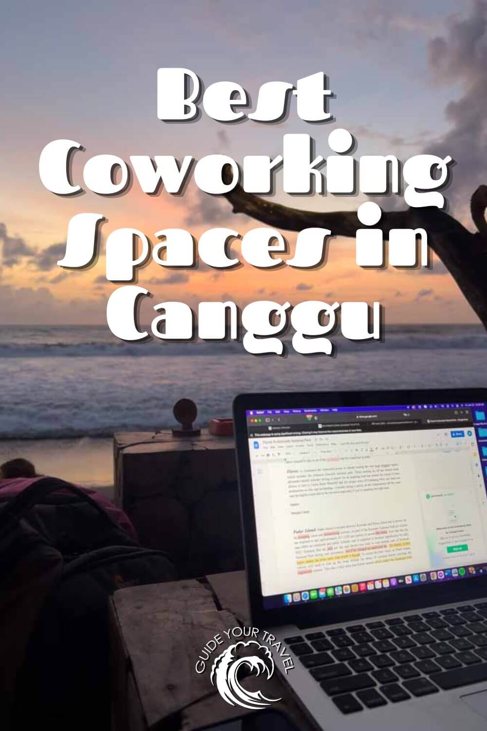 bbest coworking spaces in Canggu, Bali with laptop and sunset in the background at the beach