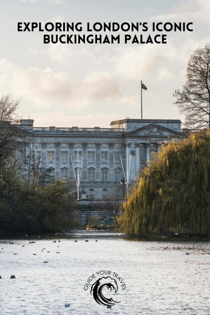 view of Buckingham Palace from the river with trees 