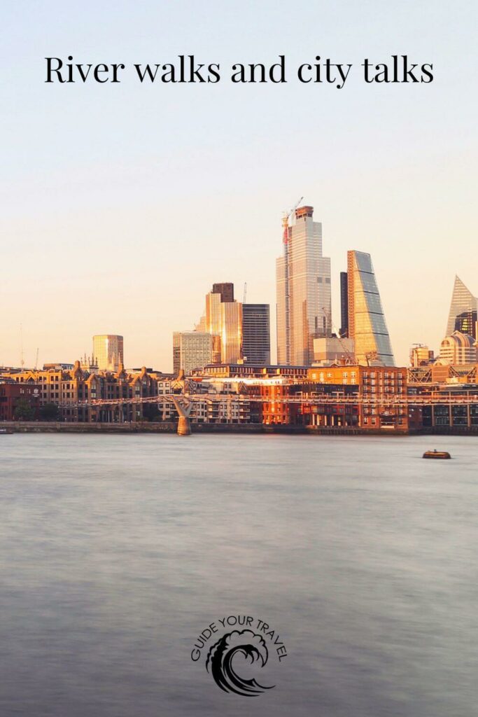 view of London from the river at golden hour with inspirational quotes and instagram captions