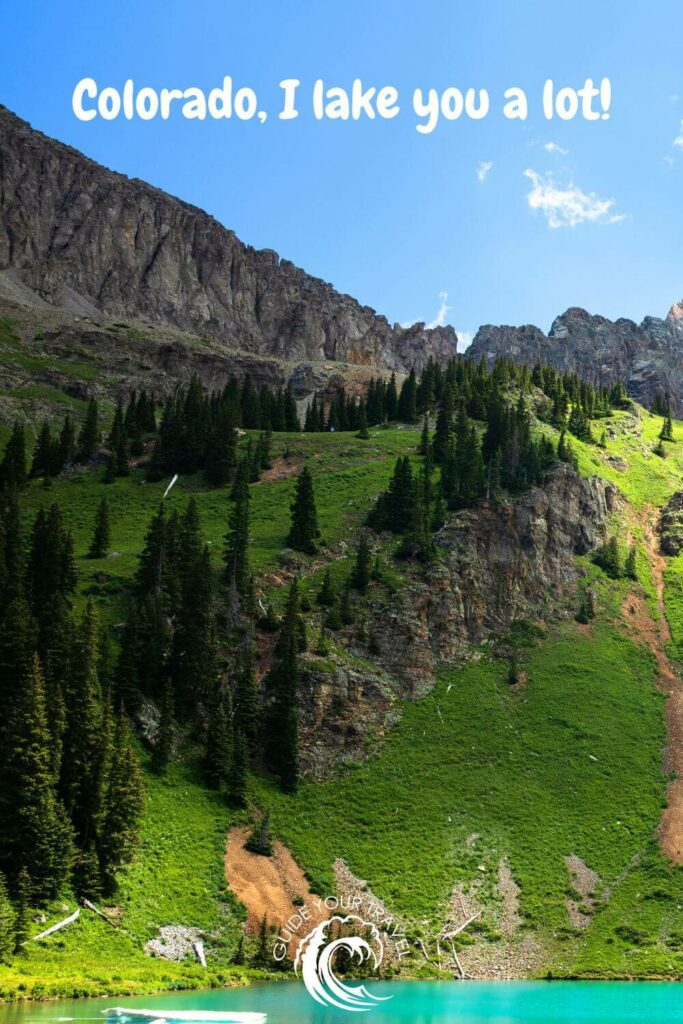 Blue Lake with green mountains and fir trees which is perfect for instagram captions and quotes