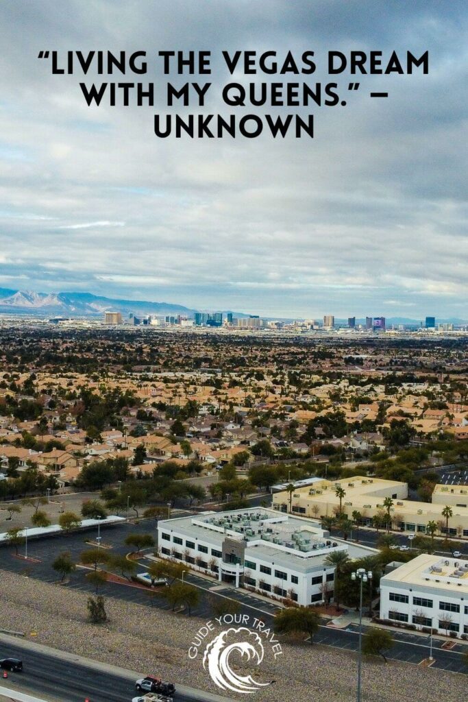 Panoramic view of Las Vegas over the town of Henderson, Nevada, in daylight with a quote for instagram captions