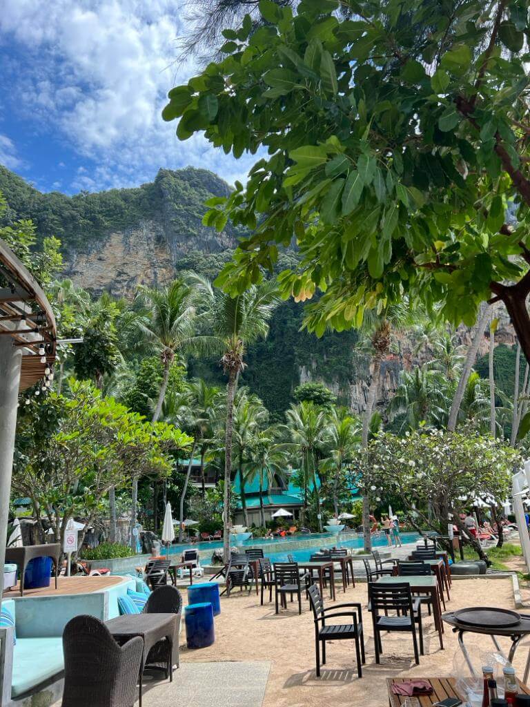 beach resort in ao nang thailand with blue sky and trees