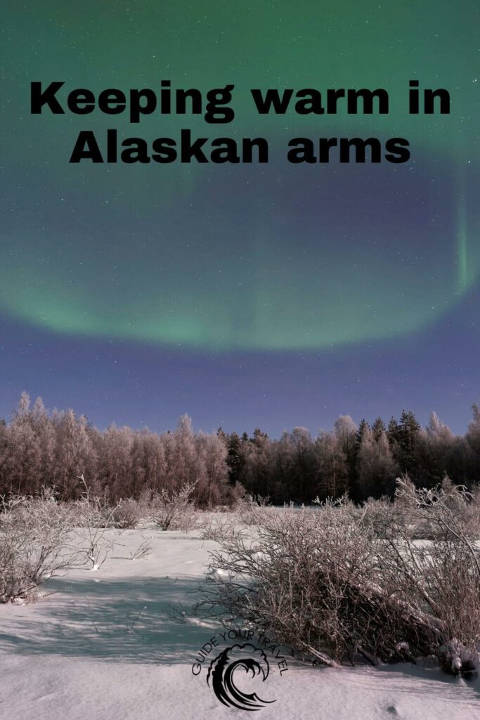 A snowy landscape under a night sky glows. Alaska instagram captions and quotes