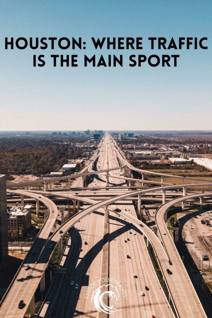 Aerial view of a freeway interchange in Houston. houston instagram captions and quotes