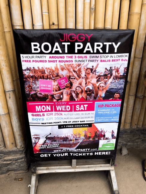 Jiggy Boat Party prices and poster in gili trawangan