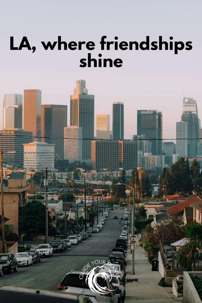 Street in Los Angeles with buildings in the background. Los Angeles Instagram captions and quotes