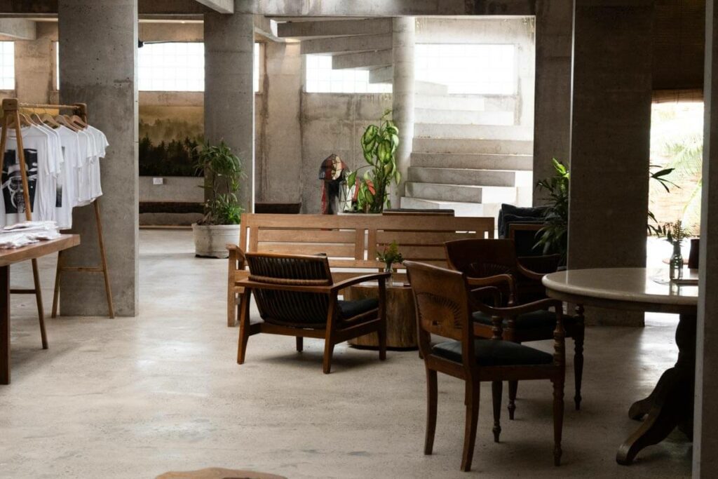 sumberkima hill lobby concrete with wood furniture