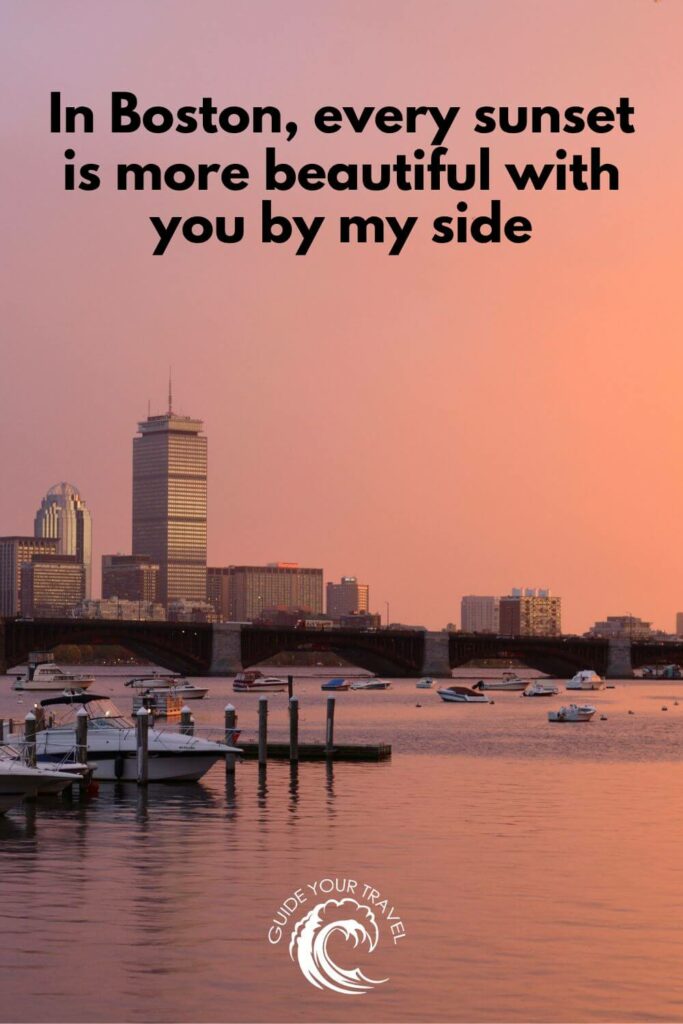 Boats on the water with the city skyline at sunset. Boston Instagram captions and quotes