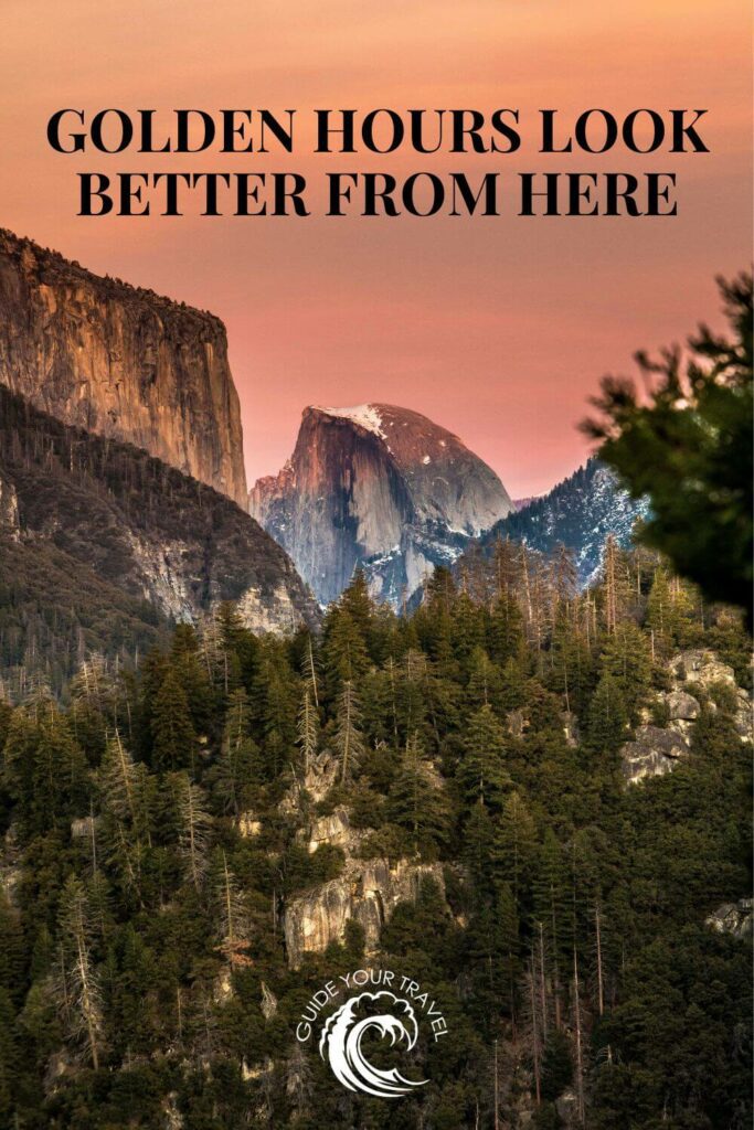 The Half Dome over a forest at sunset. Yosemite Instagram captions and quotes