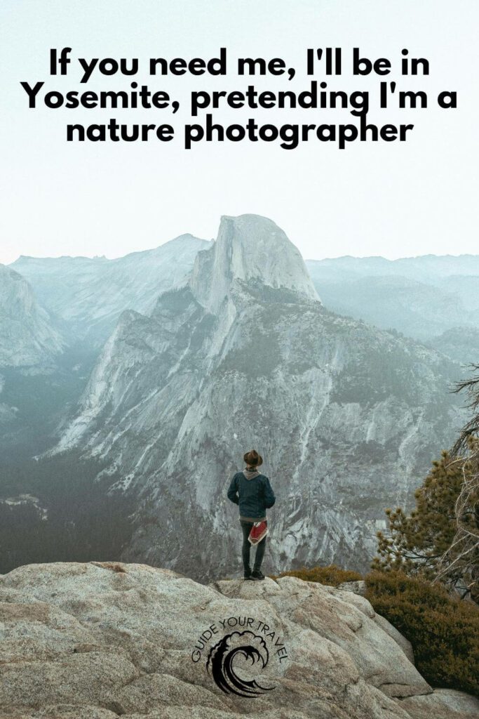 An adventurer stands before the iconic Half Dome. Yosemite Instagram captions and quotes