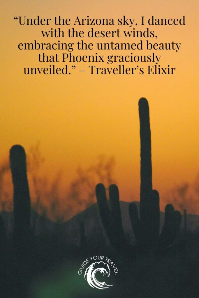 Silhouetted cacti stand, glowing sky at dusk Phoenix instagram captions and quotes