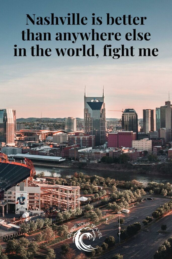 A stunning skyline with a prominent tall building in the center perfect for Nashville Instagram captions and quotes