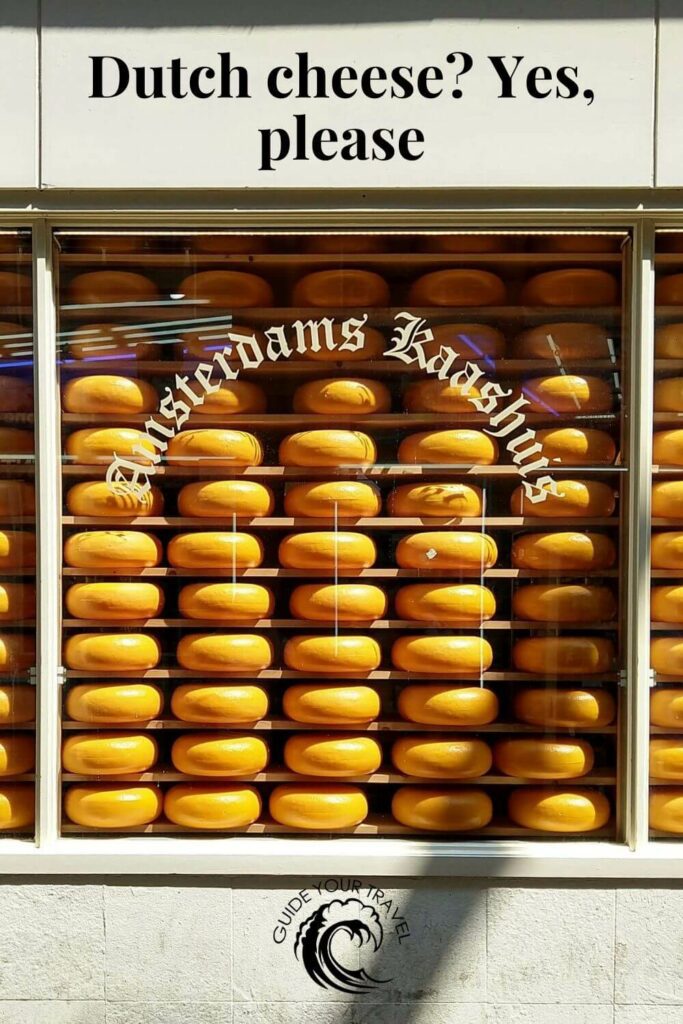 Shelves of golden Dutch cheeses displayed in a window Amsterdam Instagram captions and quotes.