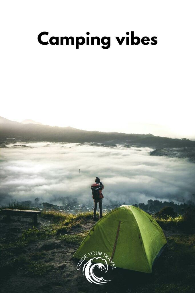 Tent on a hill overlooking a foggy valleycamping instagram captions and quotes.