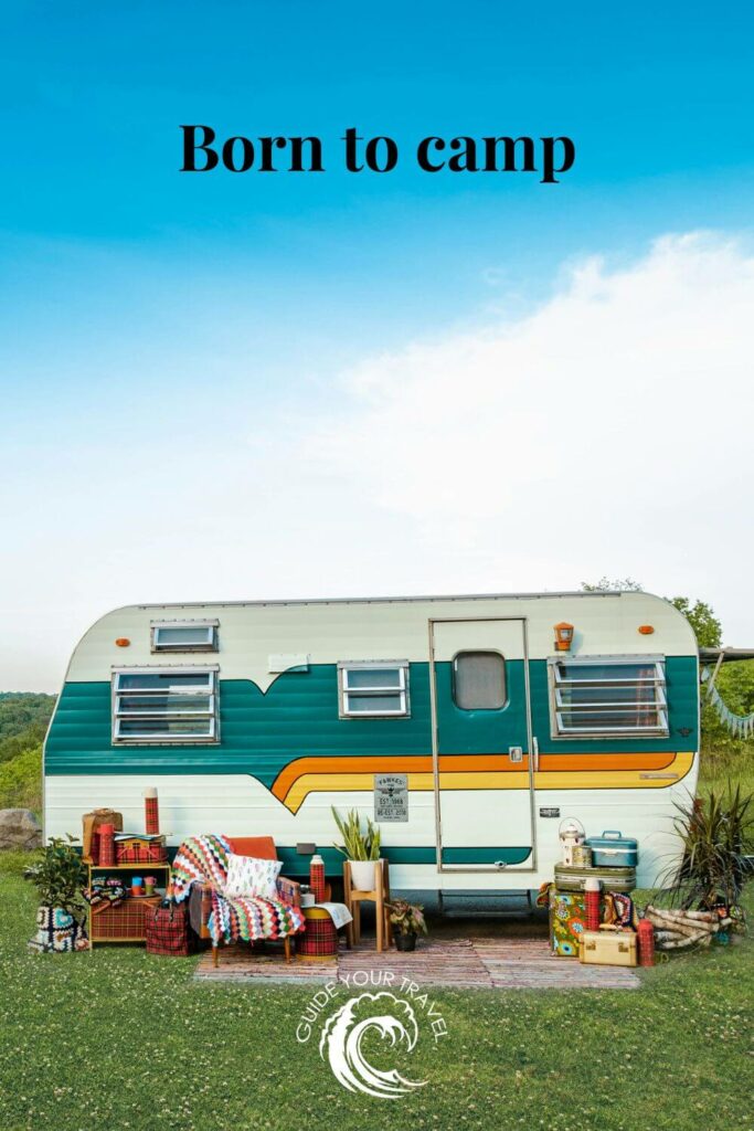 Colorful camper with outdoor seating camping instagram captions and quotes.