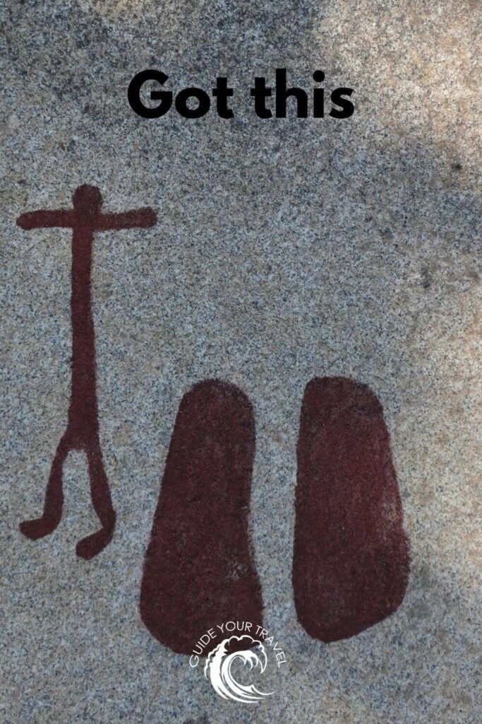 Simple rock art with a human figure and footprints with the best two-word instagram captions