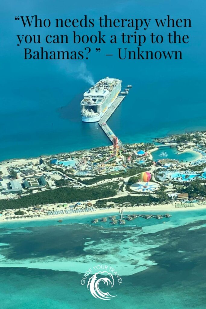 An aerial view of a cruise ship docked at an island resort in the bahamas which are perfect for instagram captions and quotes