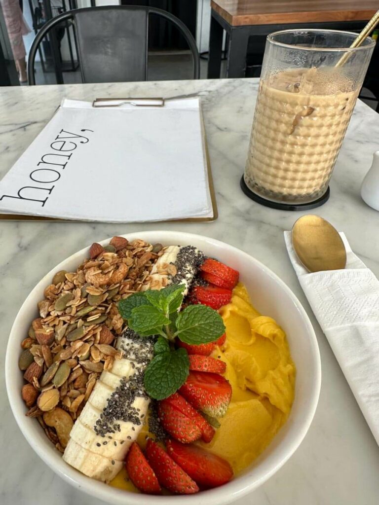 Honey Smoothie bowl and iced coffee