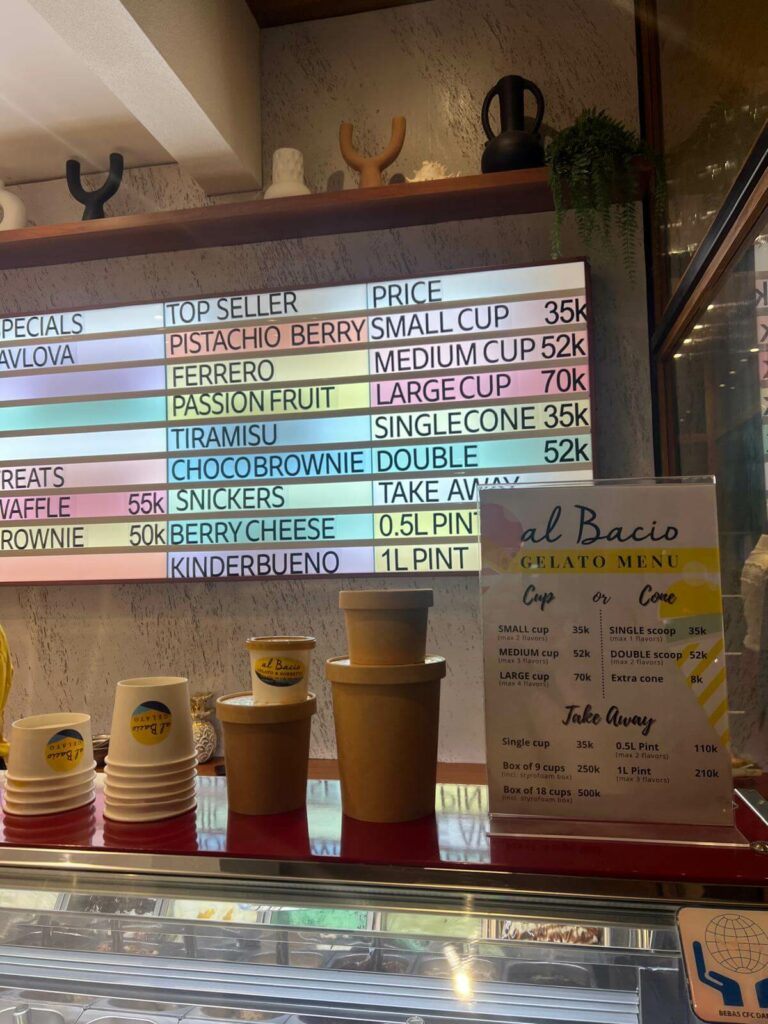 al bacio ice cream canggu price list and menu